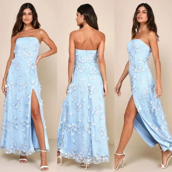 Lulus Rare Presence Powder Blue 3D Floral Embroidered Maxi Dress Wedding Party - Picture 1 of 10